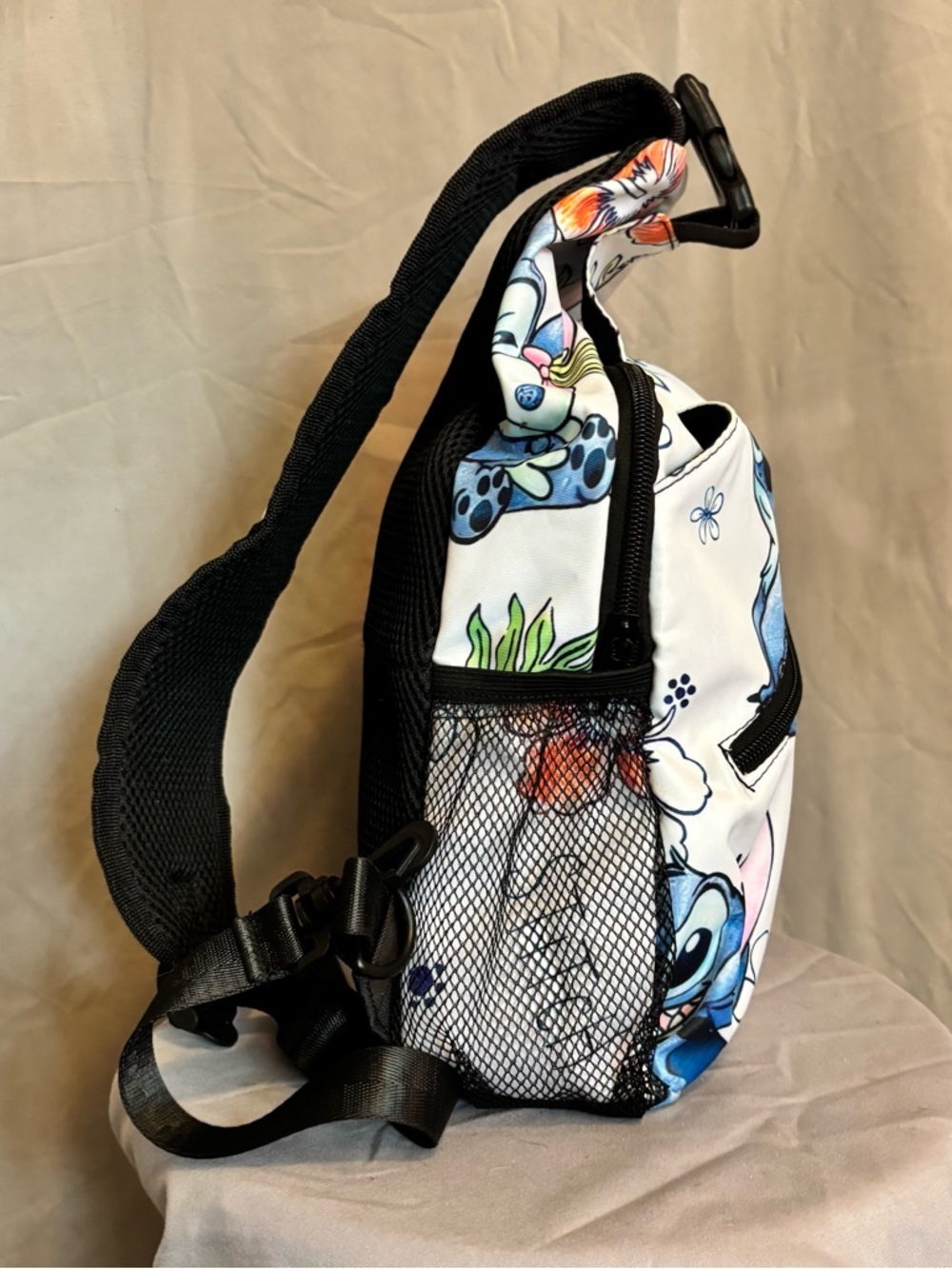 Stitch Print Sling Backpack - White & Blue Floral Design - Picture 4 of 5